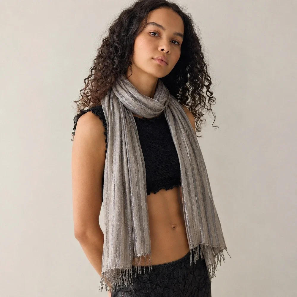 Metallic Ladder Knit Beaded Fringe Shawl Scarf Womens‎ Silver Wrap J. Raani